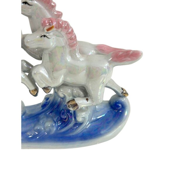 3 Horses Running on Waves Figurine Vtg Ceramic Glazed White Pink Blue Statue - Picture 5 of 17